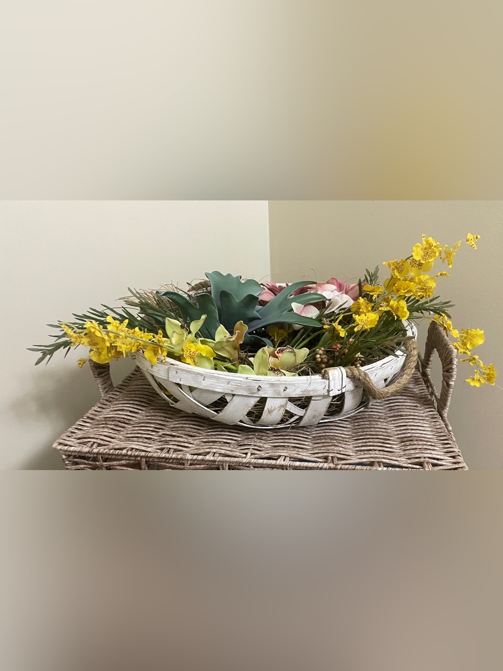 Decorative Floral Basket Arrangement with Green Succulent & Pink Flowers